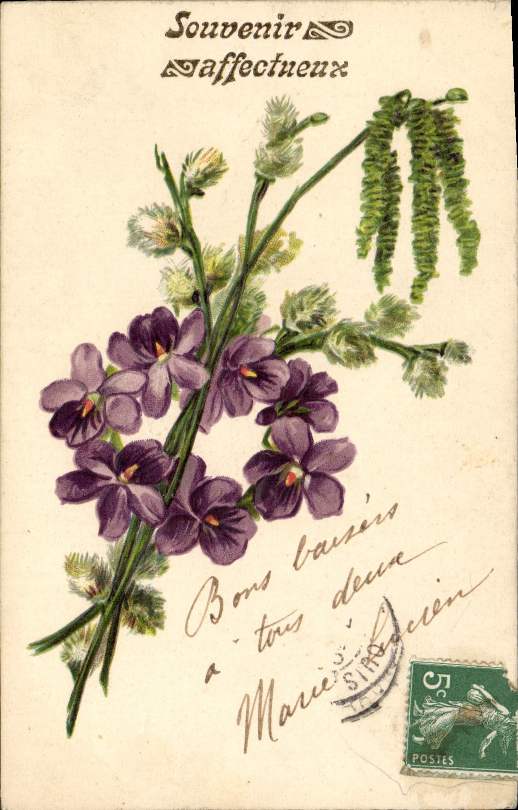 Bouquet de violettes et de bourgeons — Souvenir affectueux — éditeur non visible