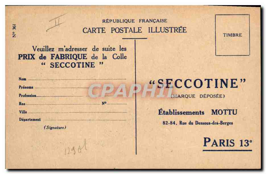 CPA Publicite Colle Seccotine  — Verso