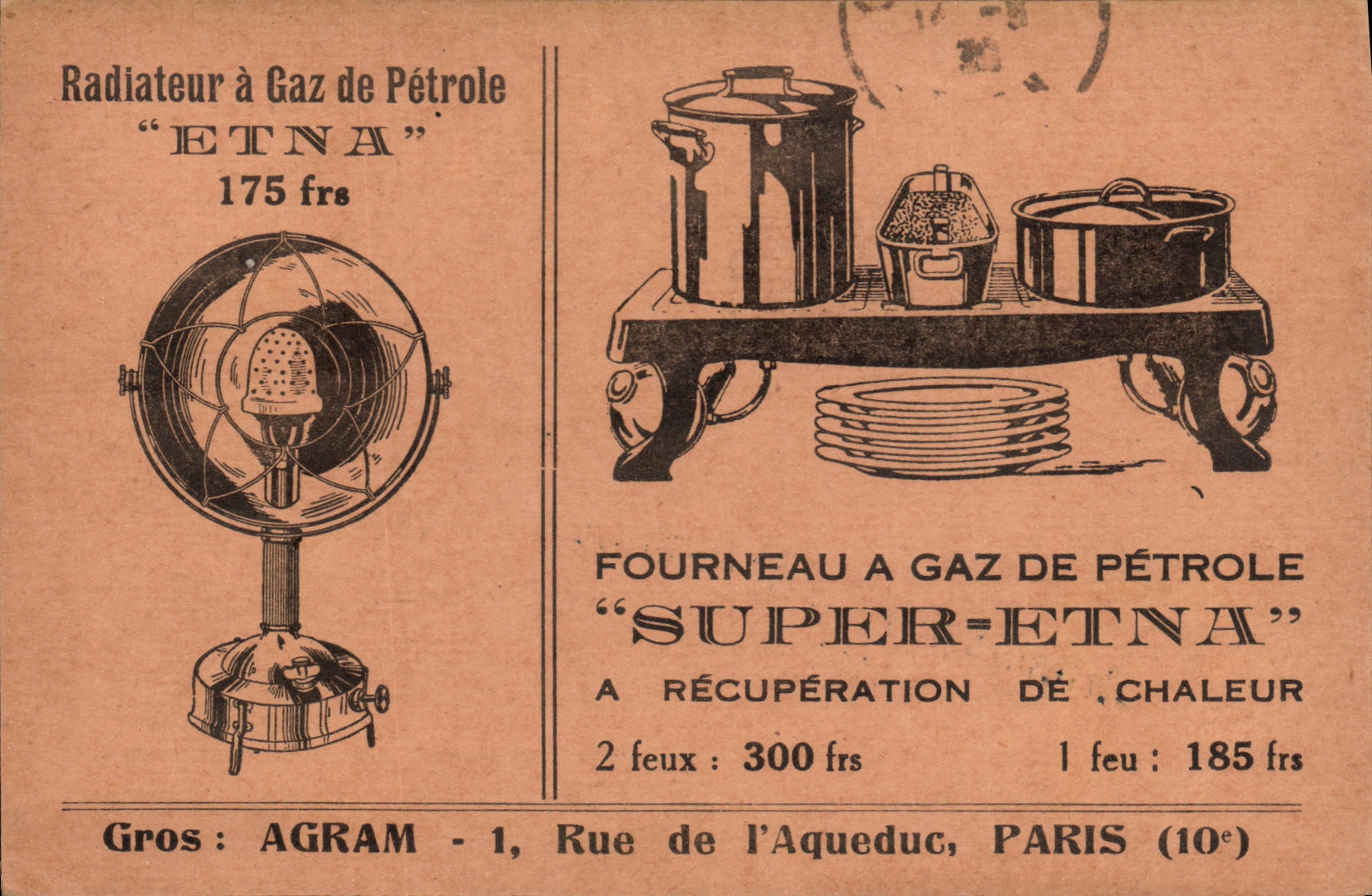 Radiateur et Fourneau à Gaz de Pétrole 'ETNA' et 'SUPER-ETNA' — Gros AGRAM, 1 Rue de l'Aqueduc, Paris (10e)