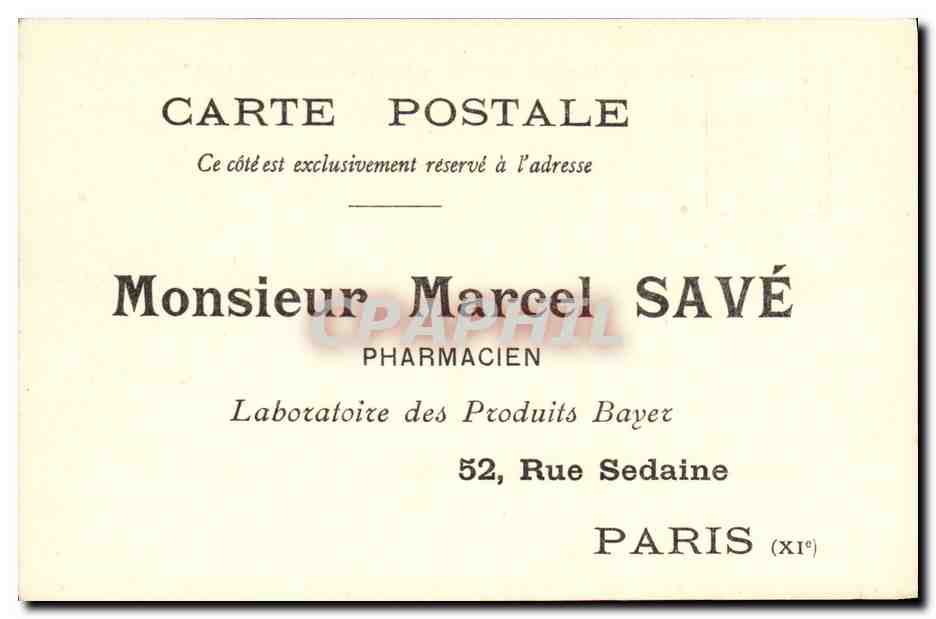 CPA Publicite Marcel Save Pharmacien Laboratoires des Produits Bayer Paris 11eme