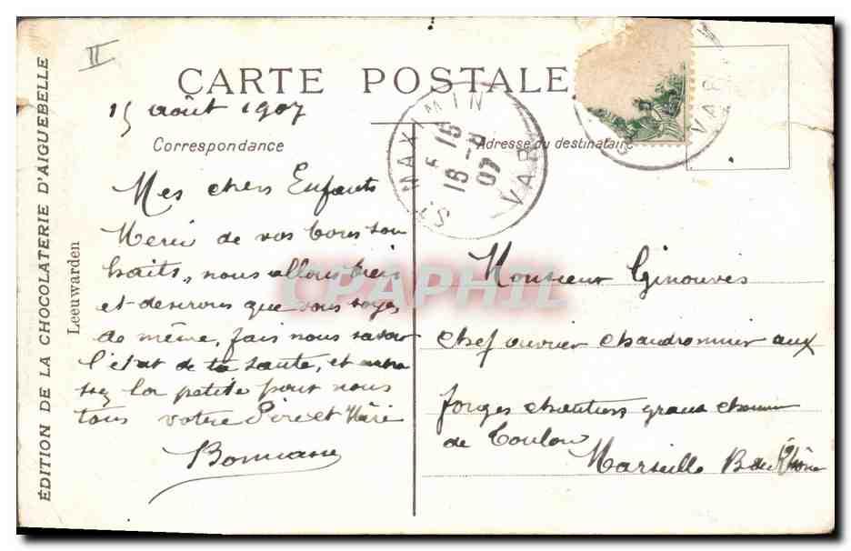 CPA Publicite Chocolaterie d'Aiguebelle Moulin a vent — Verso