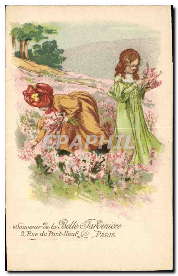 Deux jeunes filles dans un champ de fleurs — Souvenir de la Belle Jardinière, 2, Rue du Pont-Neuf, Paris