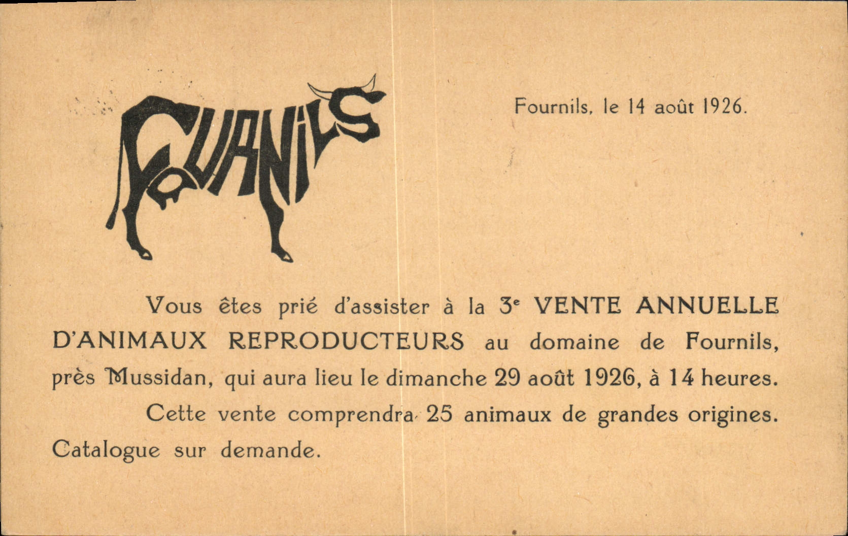 Fournils — 3e vente annuelle d'animaux reproducteurs — Fournils, 1926