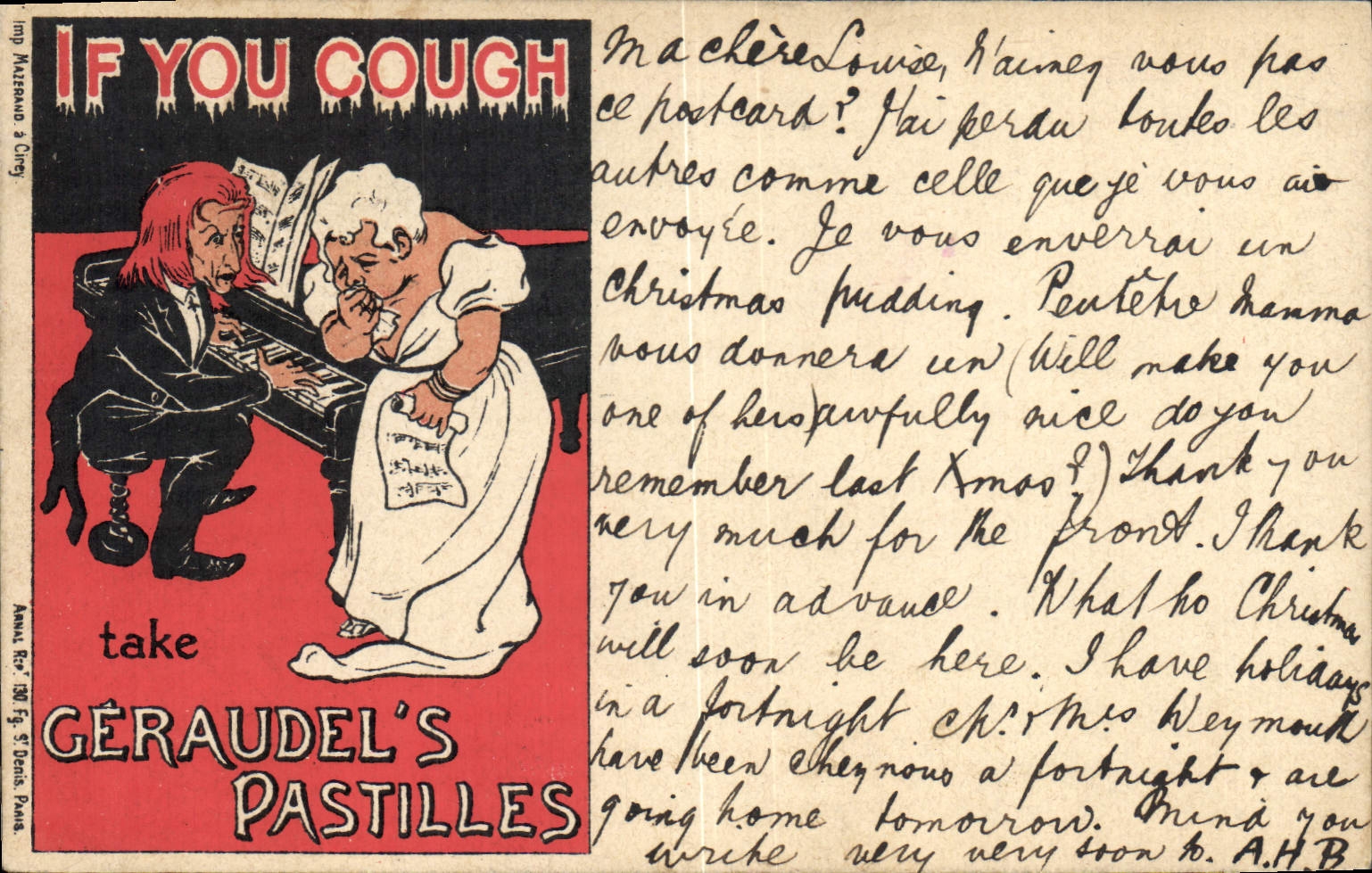 CPA Publicite If you cough take Geraudel's Pastilles Femme Piano TOP