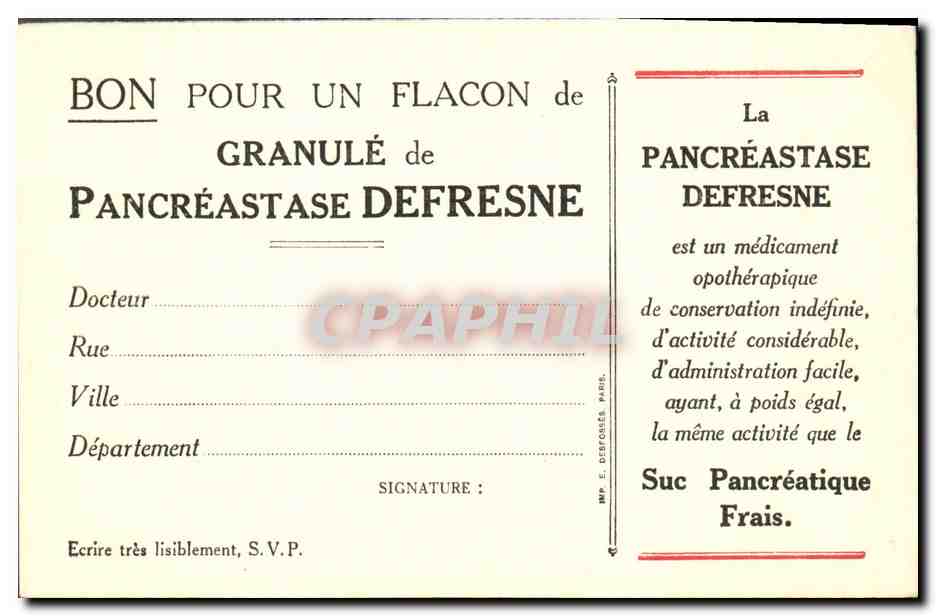 CPA Publicite Laboratoires Defresne Vaillant Rue Jacon Paris 6eme — Verso