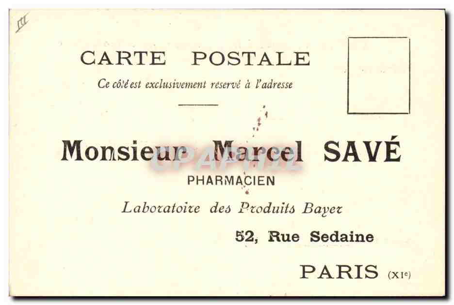 CPA Publicite Marcel Save Pharmacien Laboratoires des Produits Bayer Rue Sedaine Paris