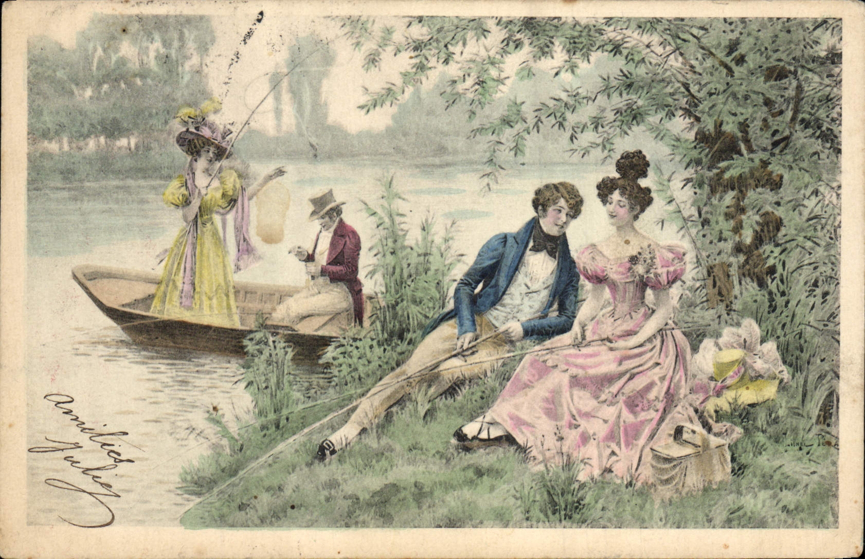 CPA Fantaisie Illustrateur Femme Barque Peche 