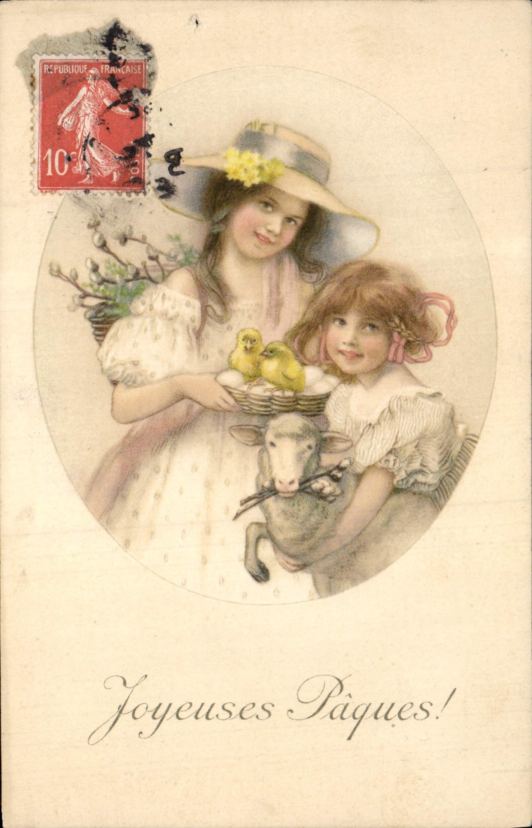 CPA Fantaisie Illustrateur Enafnts Agneau Poussins Paques 