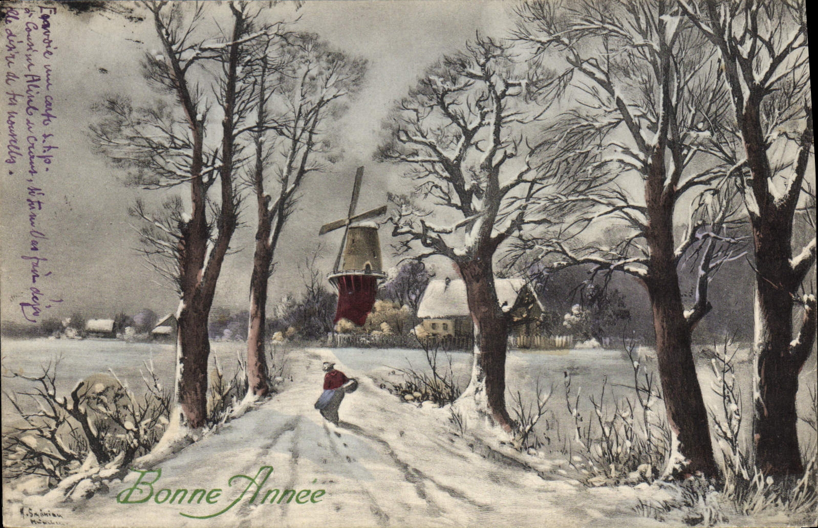 CPA Fantaisie Illustrateur Moulin a vent Bonne annee 