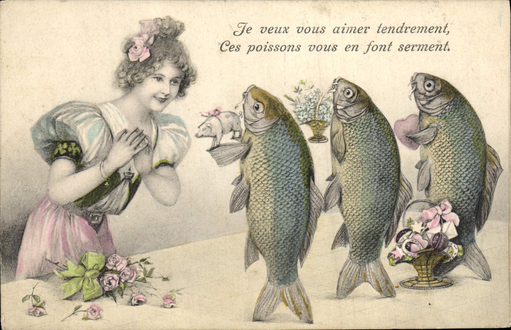 CPA Fantaisie Illustrateur Femme Poissons