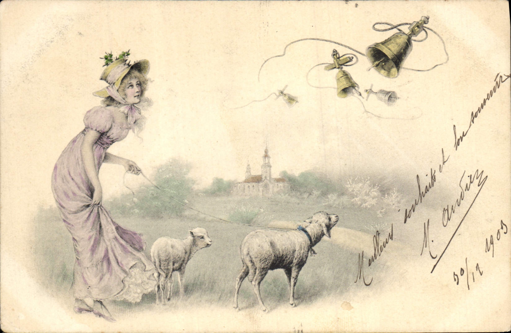 CPA Fantaisie Illustrateur Femme Agneau Cloches