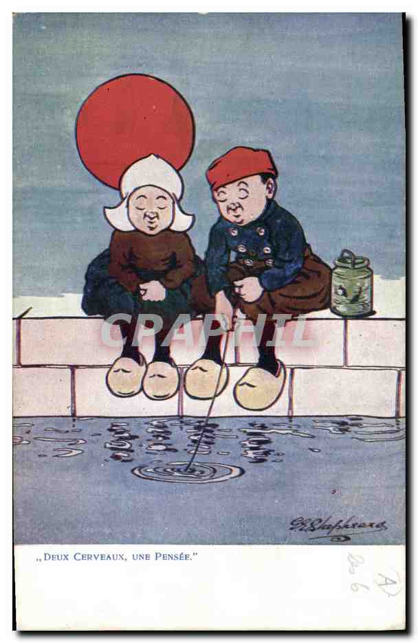 CPA Fantaisie Illustrateur Deux cerveaux Une pensee Peche 