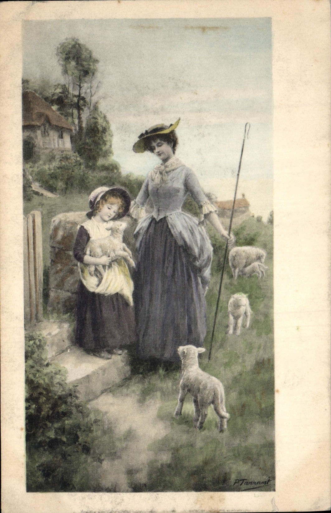 CPA Fantaisie Illustrateur Femme Enfant Agneaux