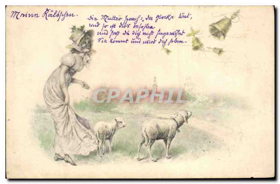 CPA Fantaisie Illustrateur Femme Agneau