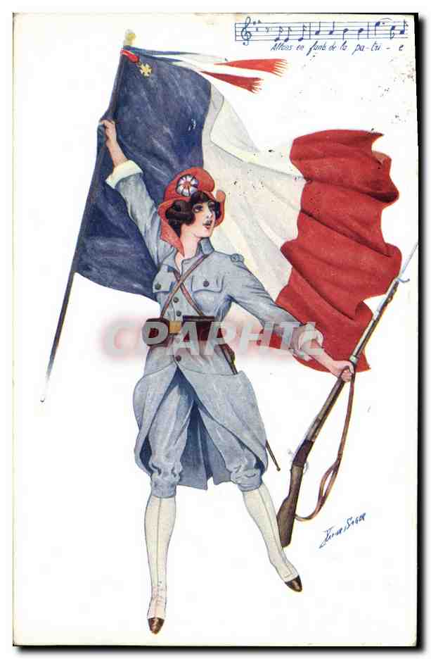 CPA Fantaisie Illustrateur Xavier Sager Femme Drapeau France Allons enfants de la patrie