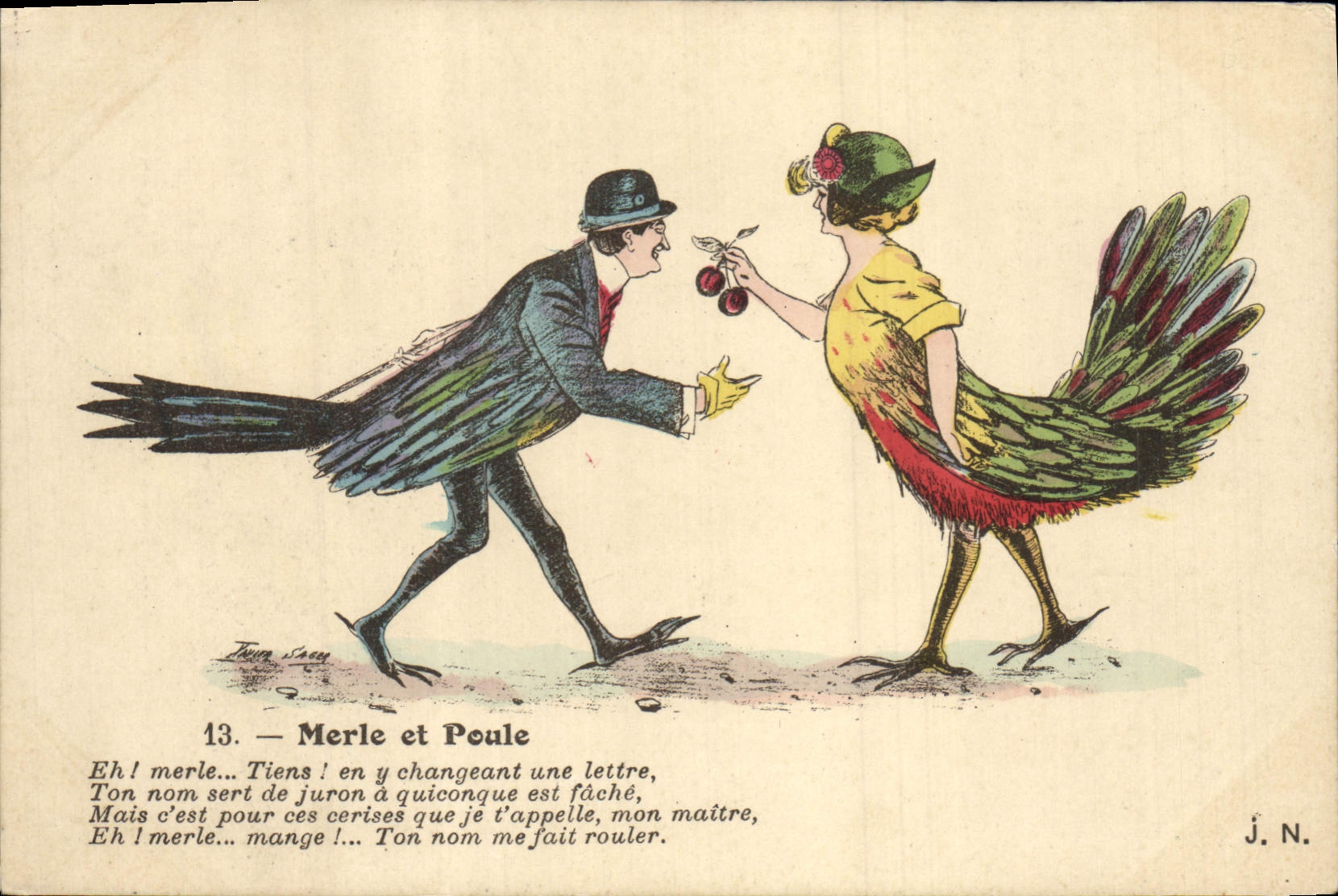 CPA Fantaisie Illustrateur Xavier Sager Femme Merle et poule