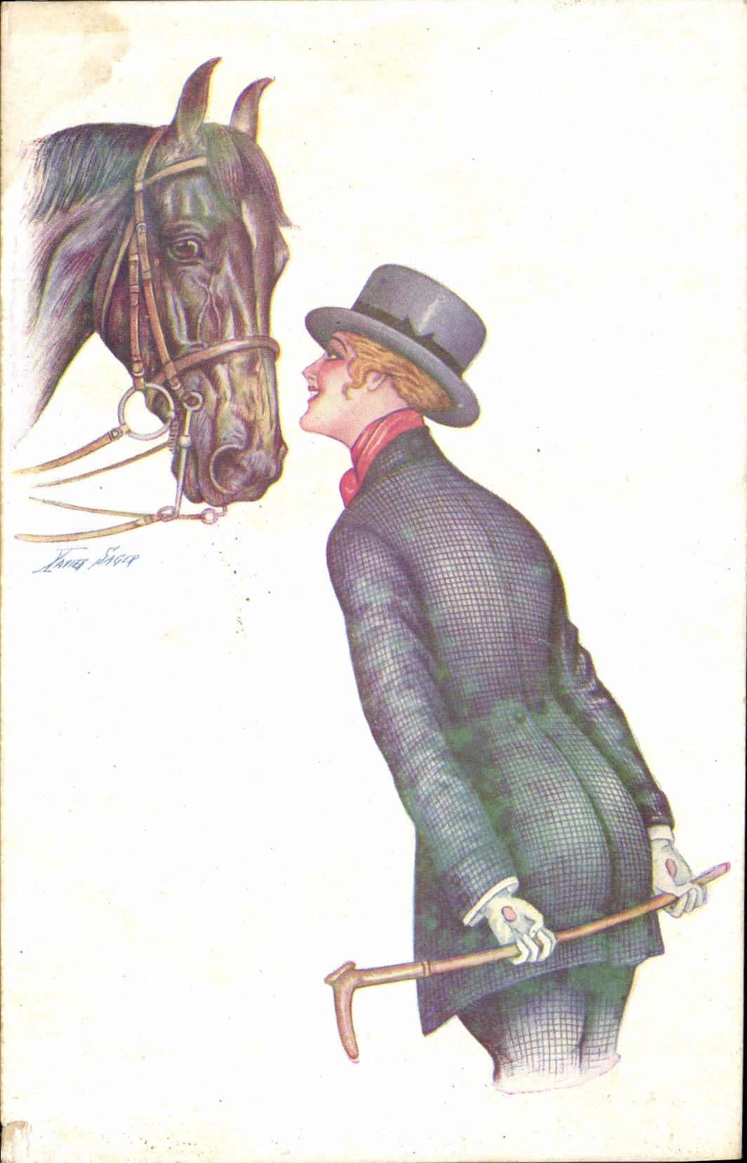 CPA Fantaisie Illustrateur Xavier Sager Homme Cheval 