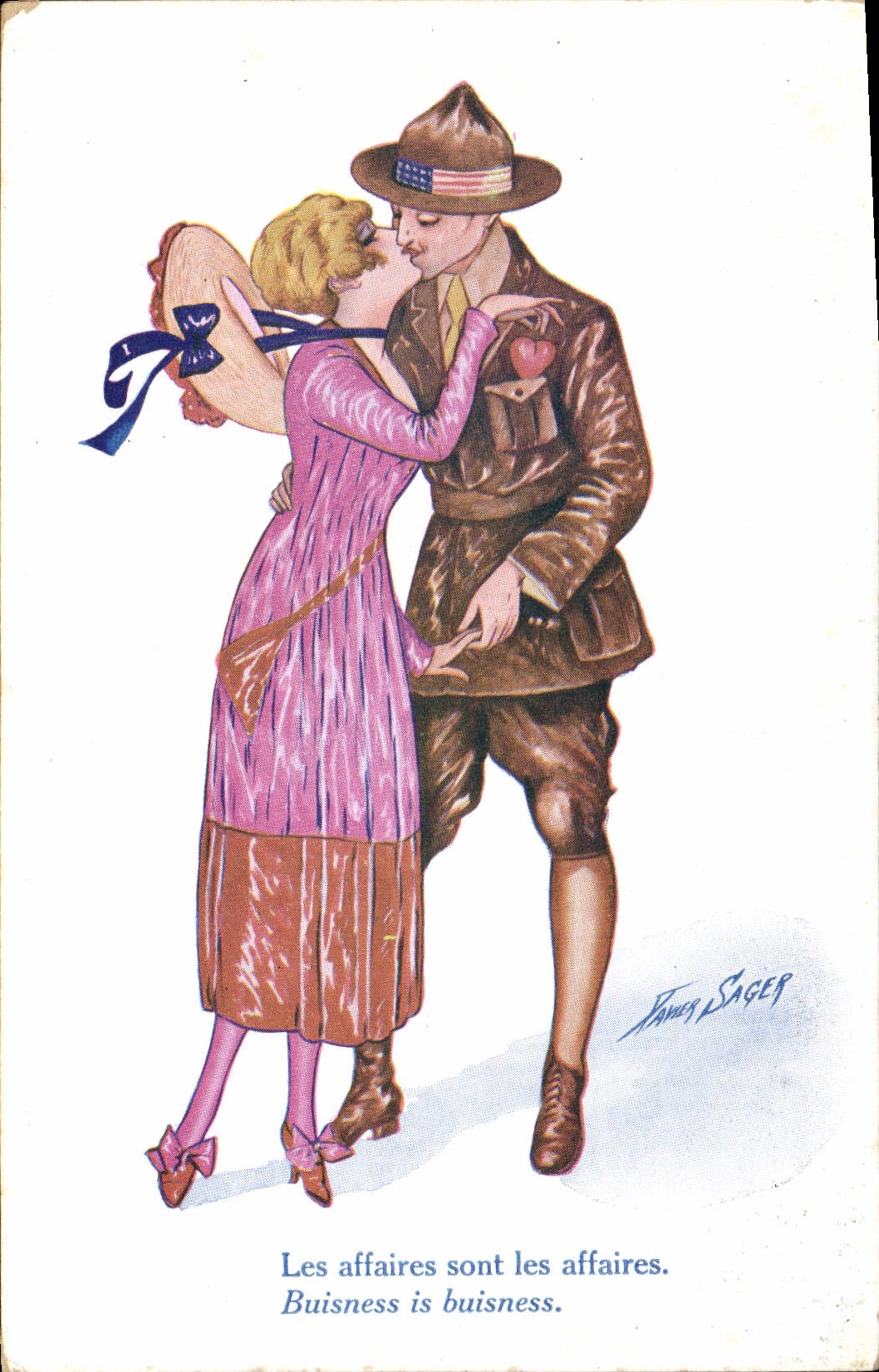 CPA Fantaisie Illustrateur Xavier Sager Femme Les affaires sont les affaires Militaria