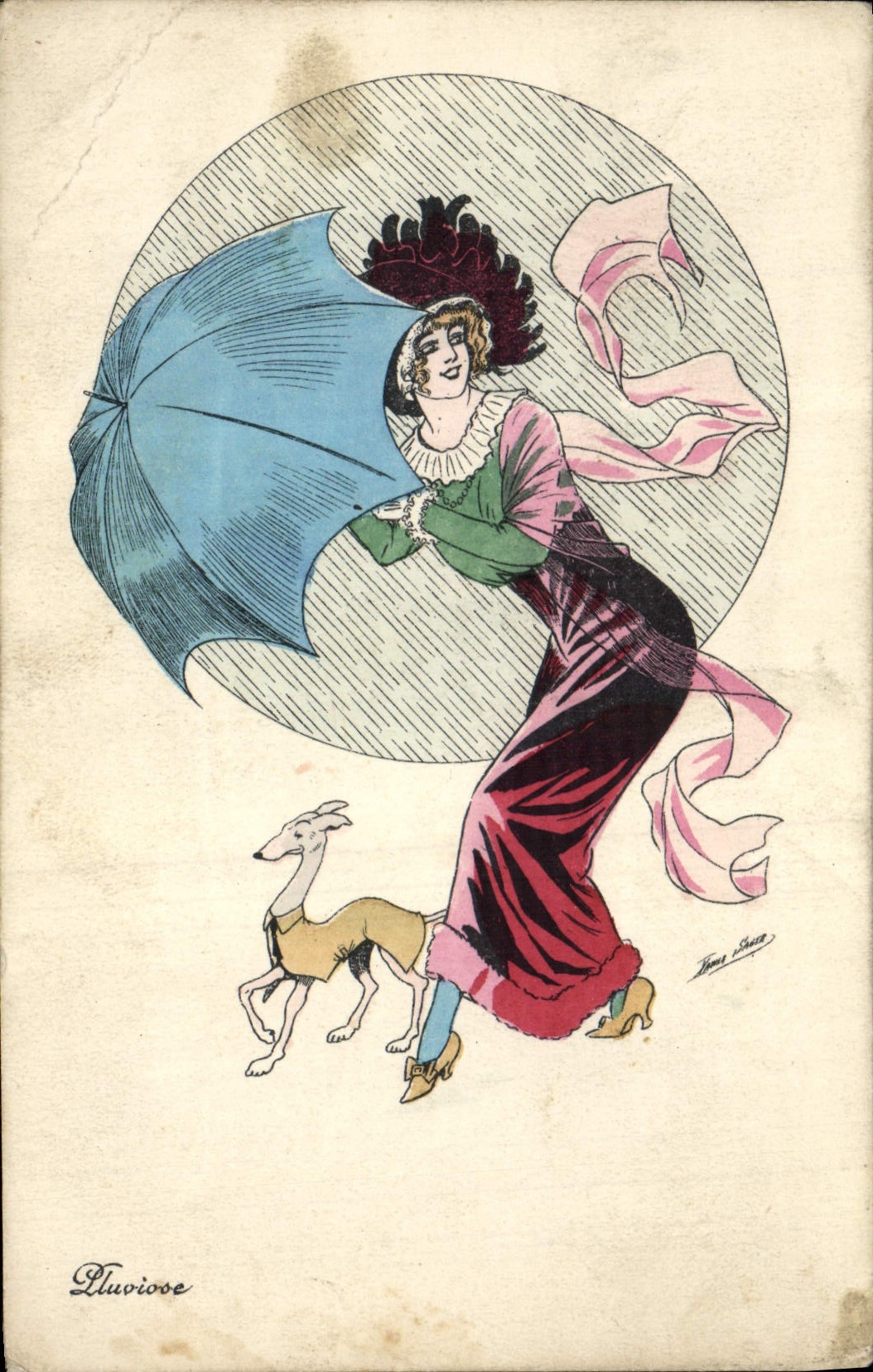 CPA Fantaisie Illustrateur Xavier Sager Femme Chien Pluviose 