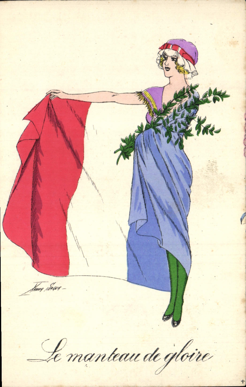 CPA Fantaisie Illustrateur Xavier Sager Femme Le manteau de gloire Drapeau France