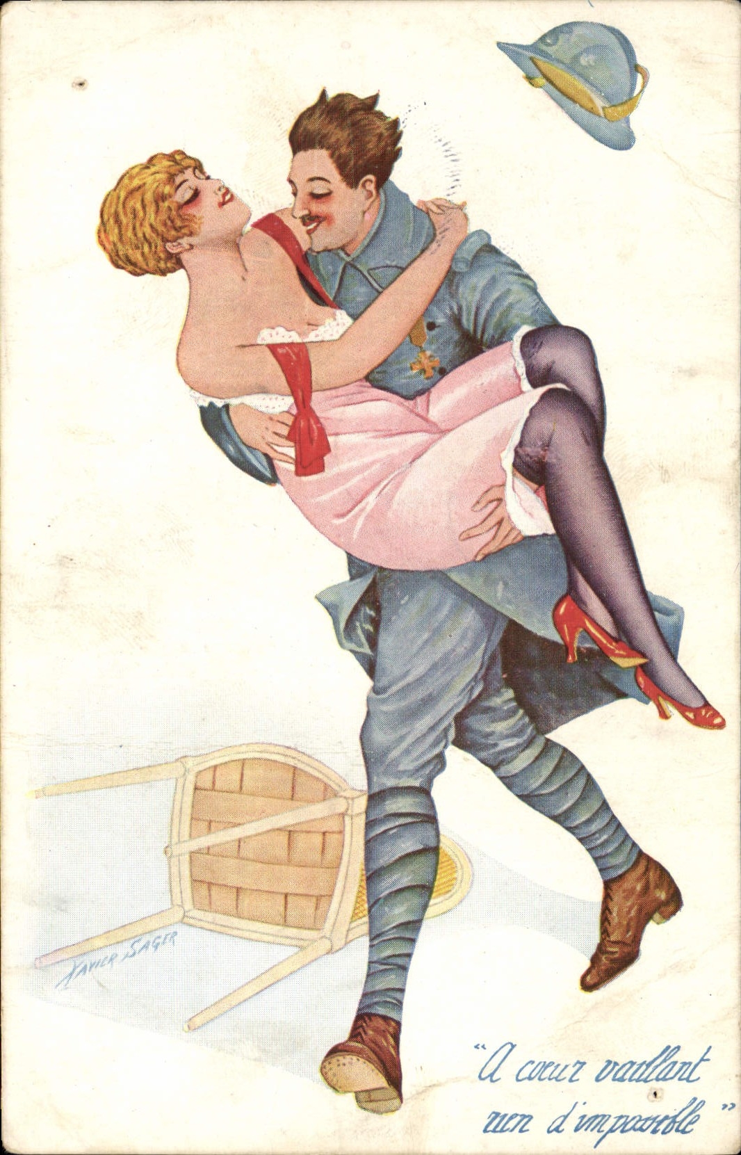 CPA Fantaisie Illustrateur Xavier Sager Femme A coeur vaillant rien d'impossible Militaria