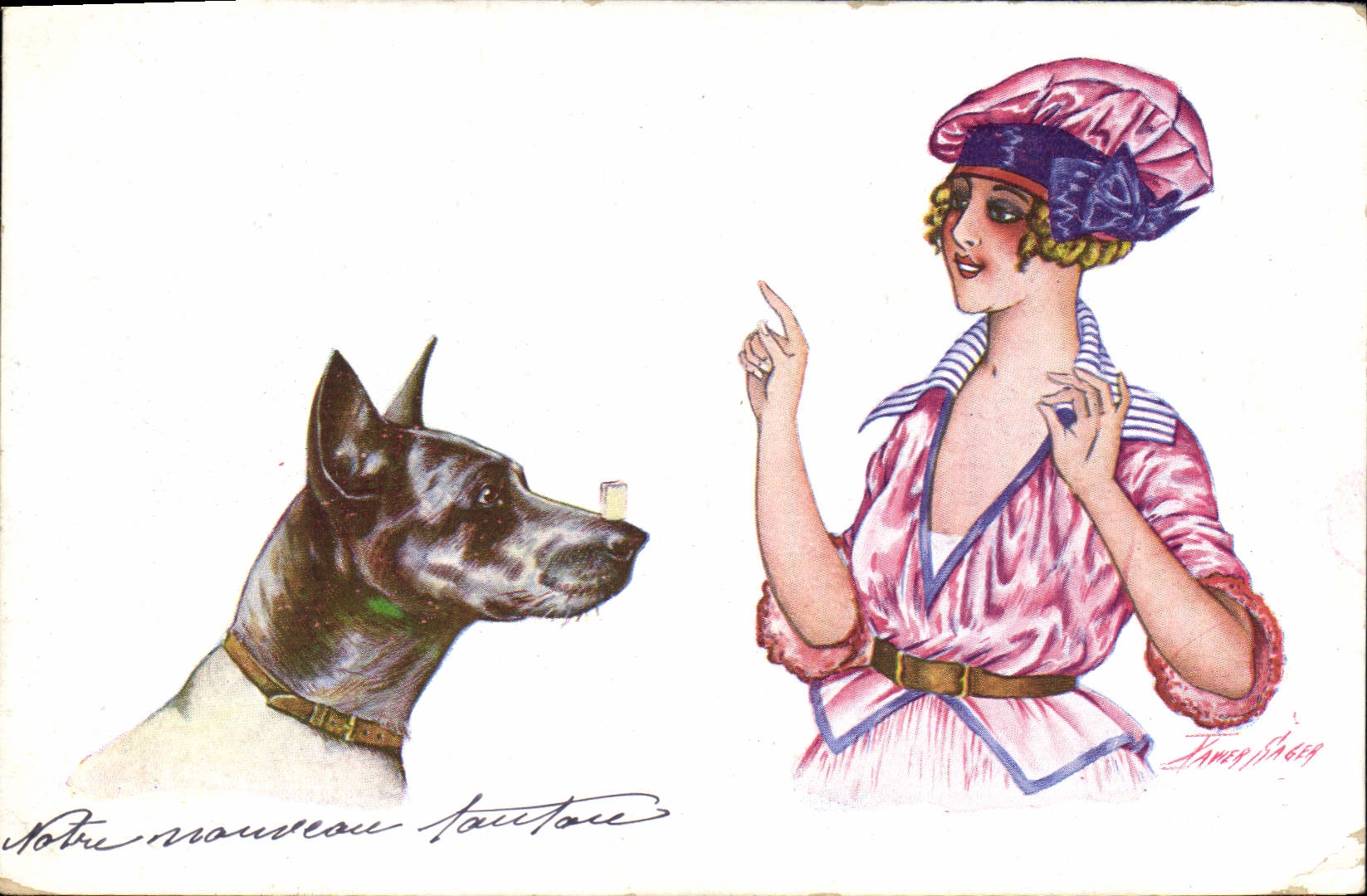 CPA Fantaisie Illustrateur Xavier Sager Femme Chien