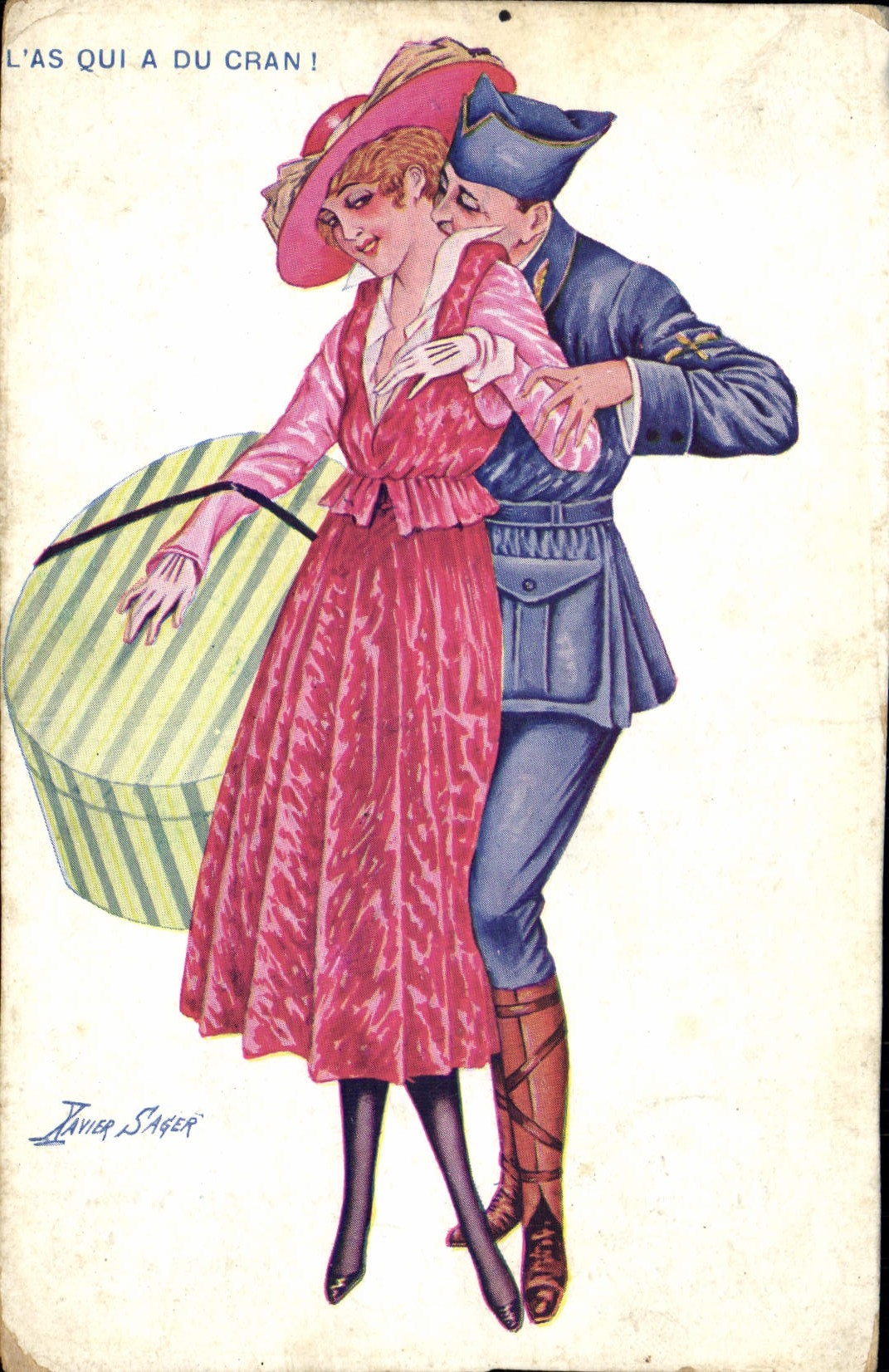 CPA Fantaisie Illustrateur Xavier Sager Femme L'as qui a du cran Militaria
