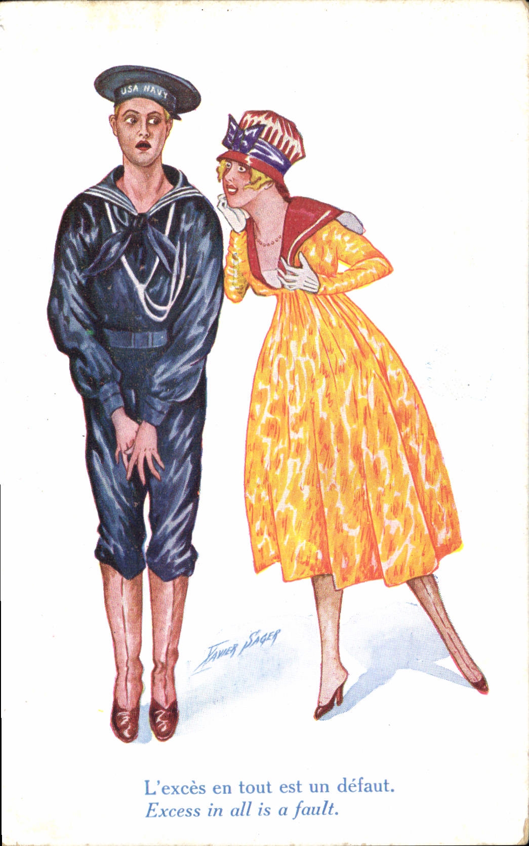 CPA Fantaisie Illustrateur Xavier Sager Femme L'exces en tout est un defaut Marin Militaria