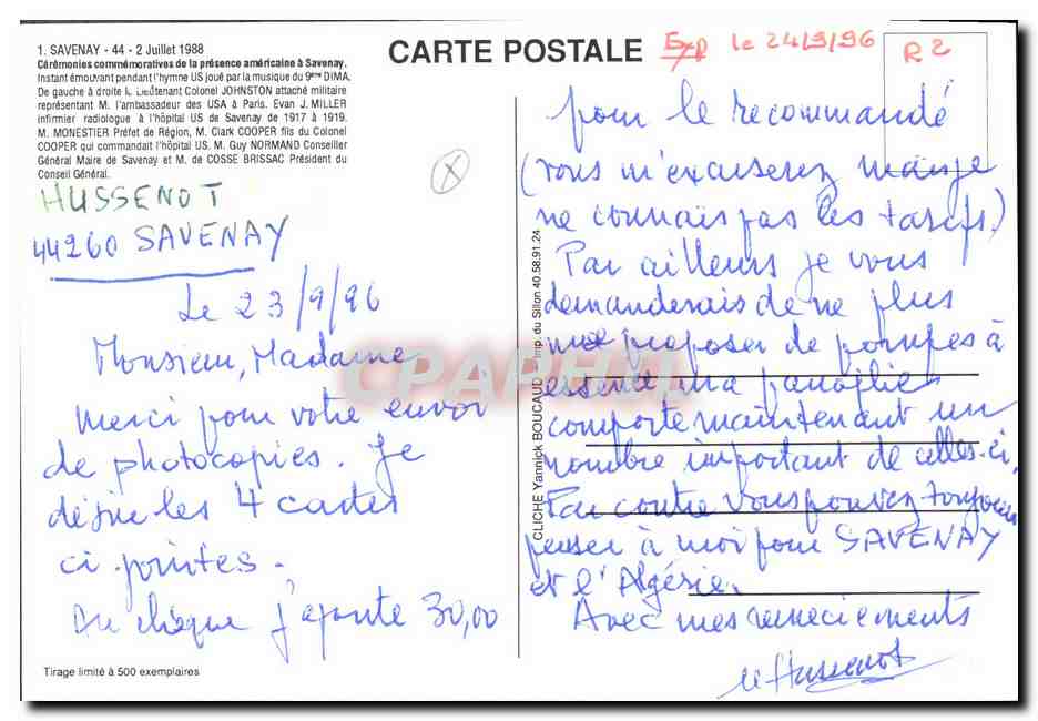 CPM Militaria Savenay 2 juillet 1988 Savenay — Rückseite