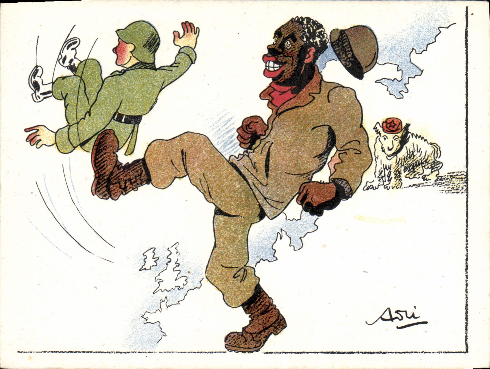 Soldado alemán y soldado soviético — caricatura — firmado 'Asui'