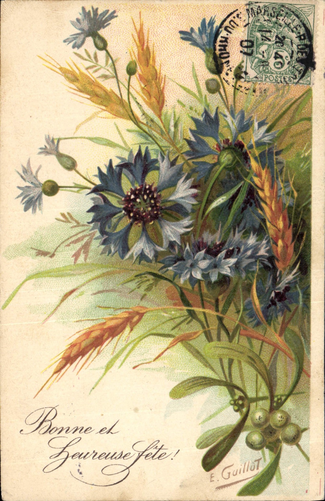 Bouquet bloemen en tarwekolven — E. Guillot — postzegel 10c