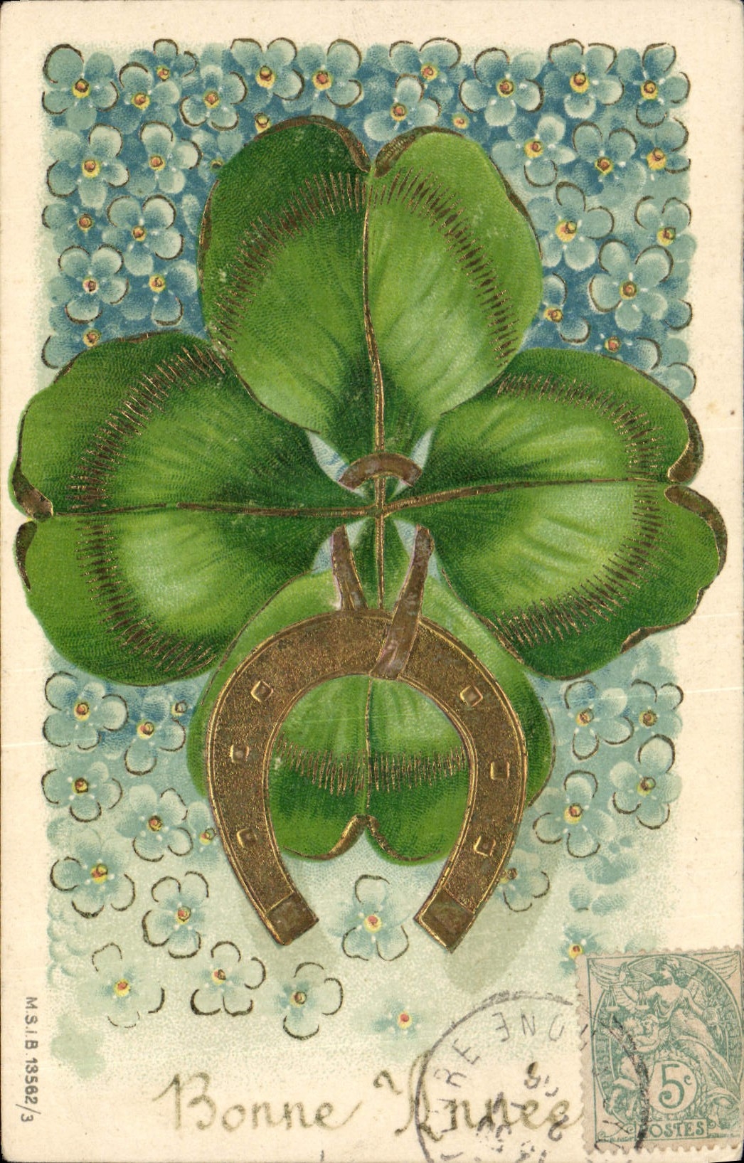 CPA Fantaisie Fleurs Trefle Fer a cheval 