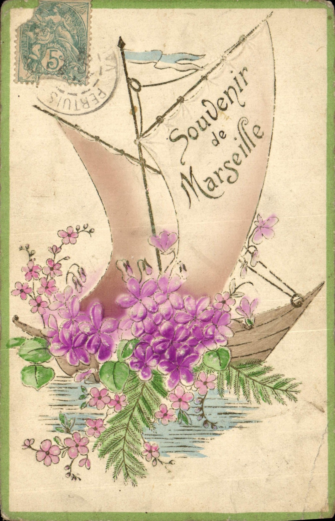 CPA Fantaisie Fleurs Bateau Marseille Voilier 