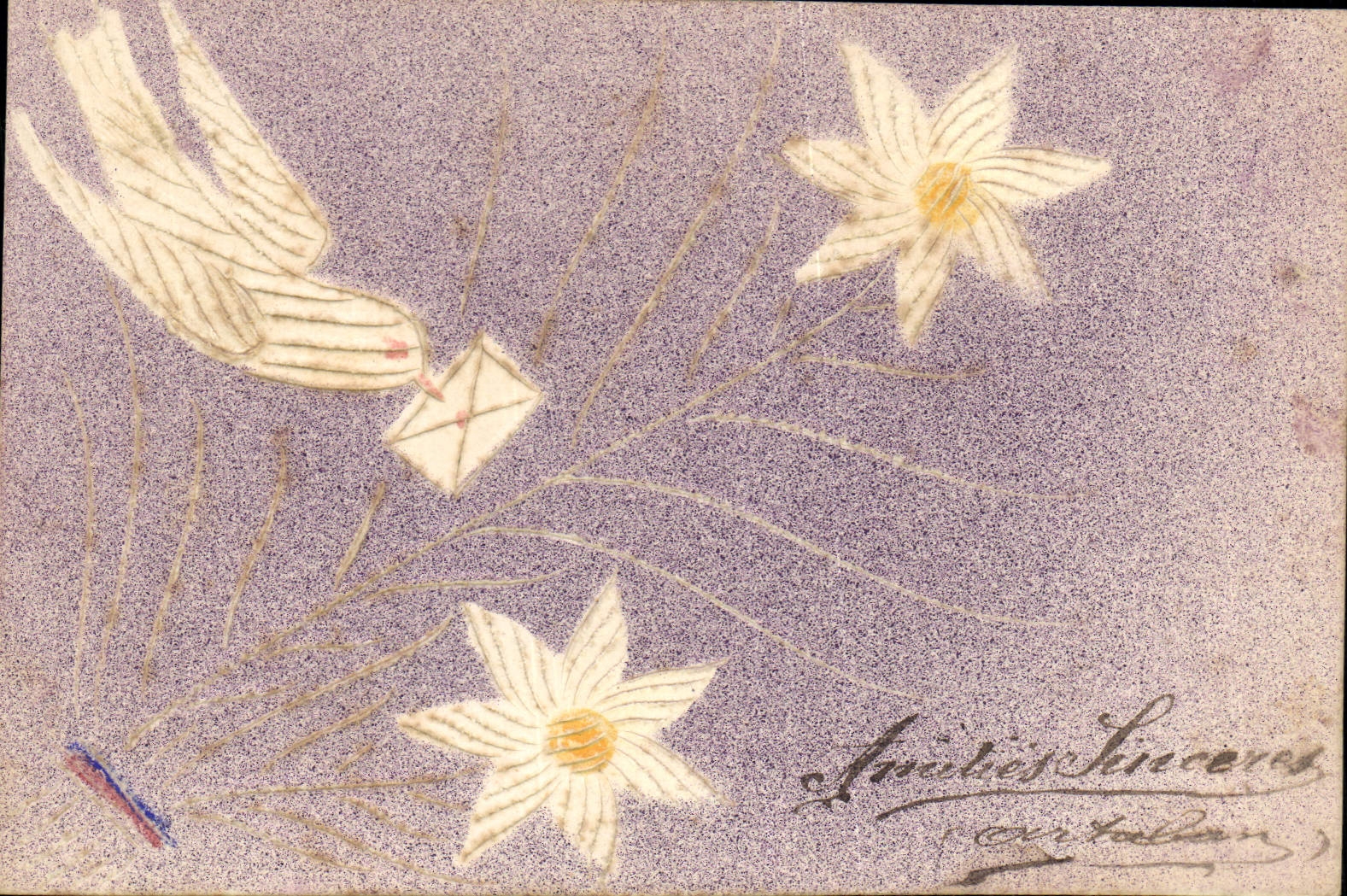 Oiseau portant une lettre — fleurs — 'Amabilités Sincères' — éditeur inconnu