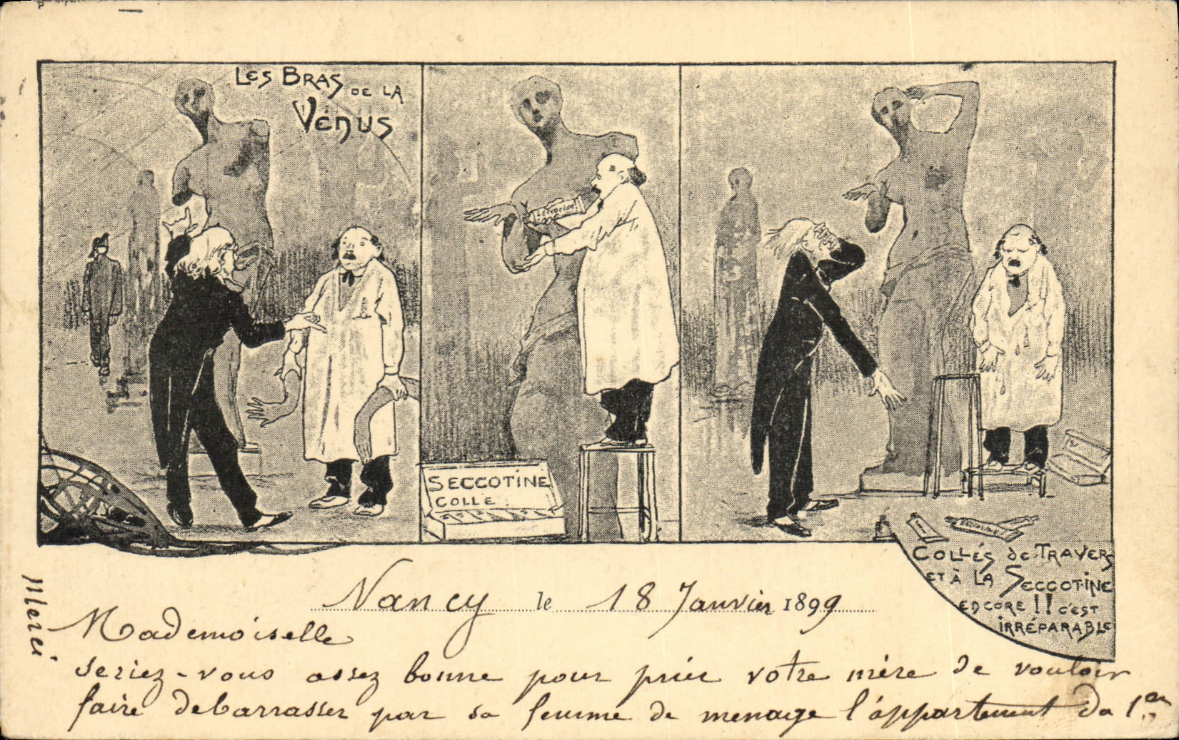CPA Publicite Les bras de la Venus Colle Seccotine Carte 1899 