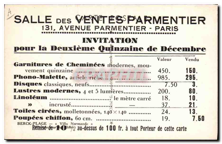 CPA Publicite Salle des ventes Parmentier Avenue Parmentier Paris  — Verso