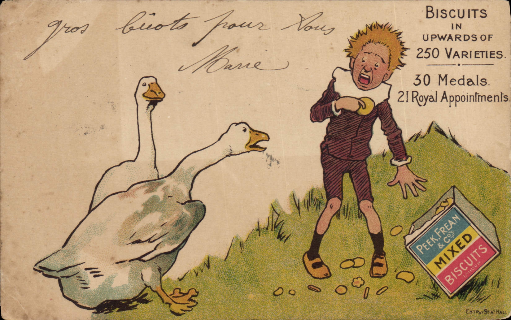 Deux canards et un enfant — publicité pour Peek Frean & Co. Mixed Biscuits — éditeur Entpa Sta' Hall
