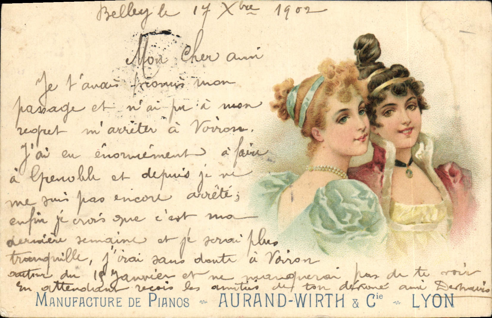 CPA Publicite Manufacture de Pianos Aurand Wirth & Cie Lyon Femme 