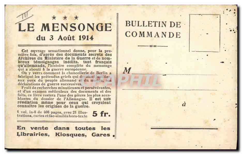 CPA Publicite Le Mensonge du 3 Aout 1914 Librairie Payot Paris  — Verso