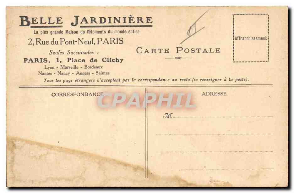 CPA Publicite Belle Jardiniere Rue du Pont Neuf Paris Place de Clichy  — Verso
