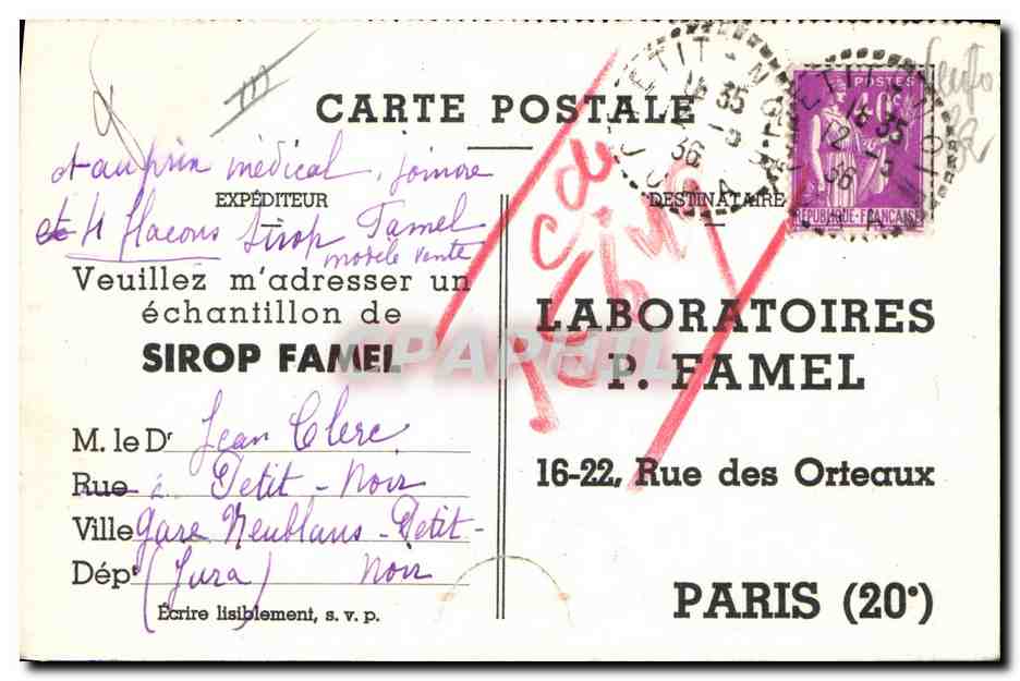 CPA Publicite Sirop Famel Laboratoires Famel Rue des Oreaux  — Verso