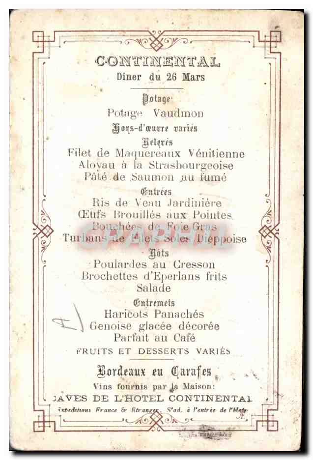 CPA Publicite Hotel Continental Rue de Casiglione Rue de Rivoli Paris Cuisinier Chef Menu Restaurant — Verso