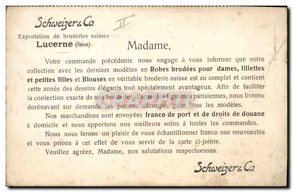 CPA Publicite Schweizer & Co Exportation de broderies Suisses Lucerne Suisse  — Verso