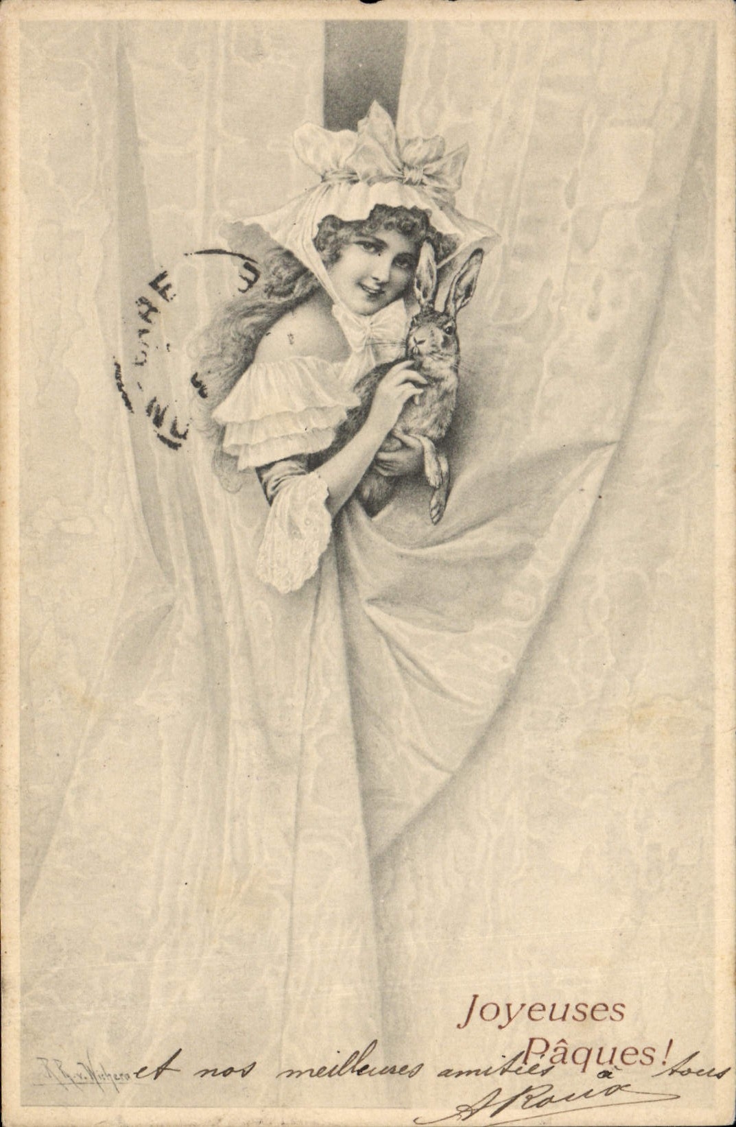 CPA Fantaisie Illustrateur Femme Lapin Paques 