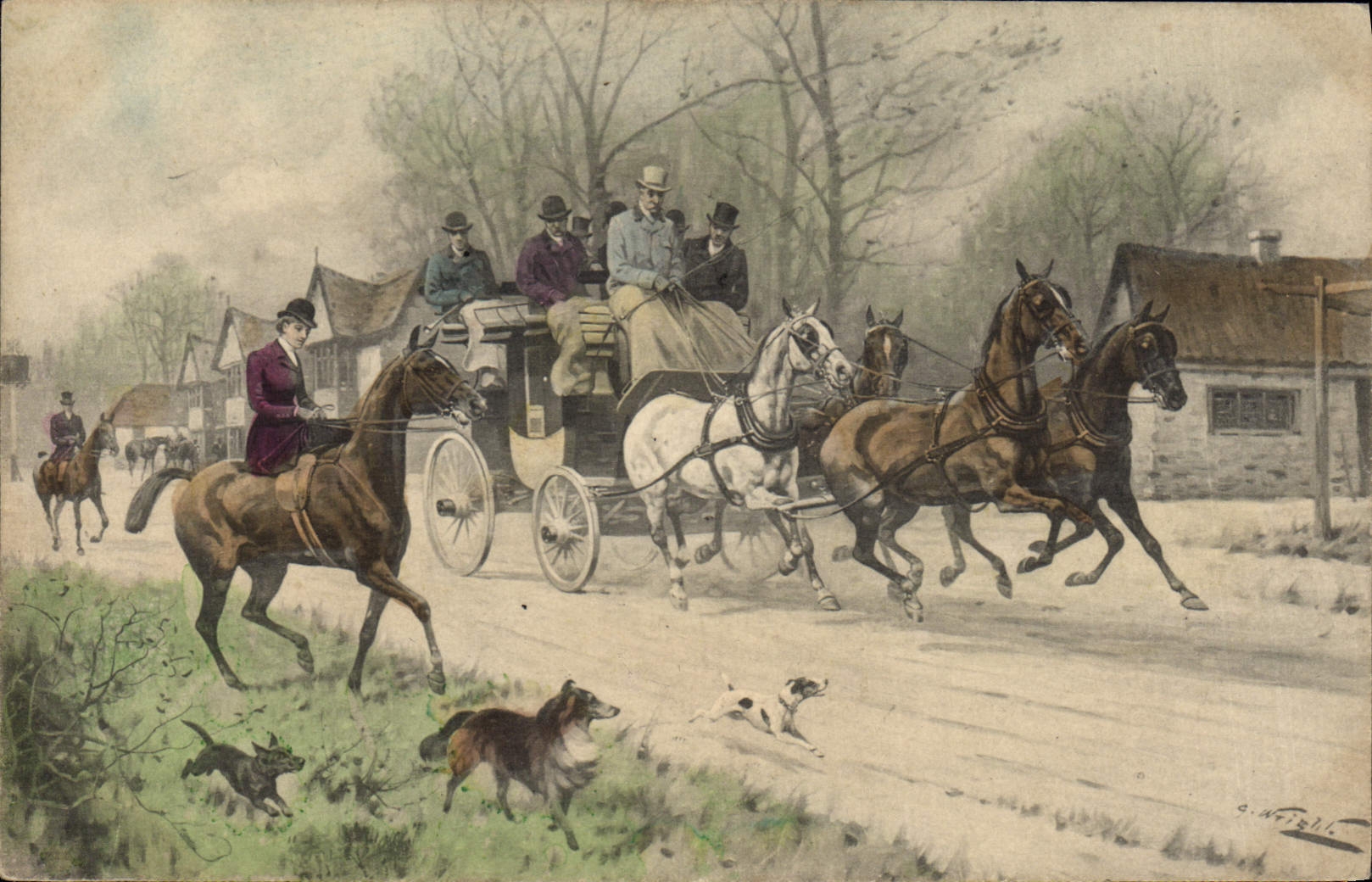 CPA Fantaisie Illustrateur Chevaux Caleche Chien Chiens 