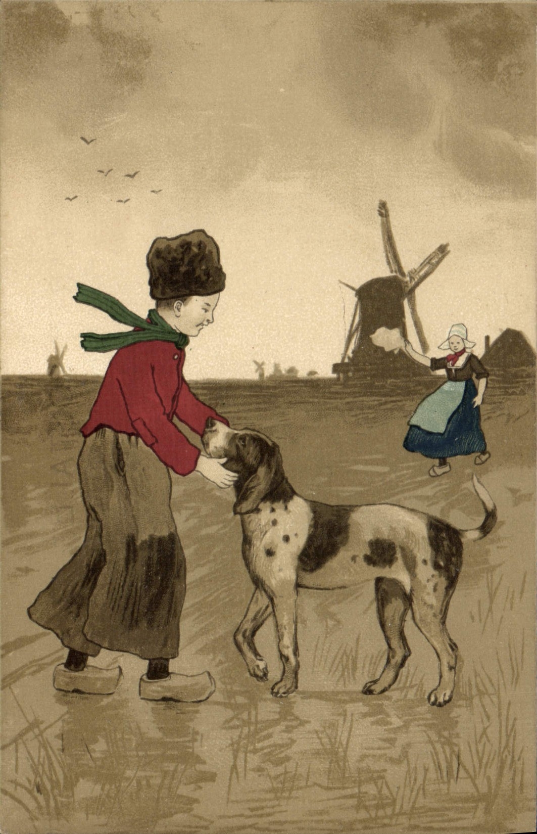 CPA Fantaisie Illustrateur Enfant Chien Folklore Moulin a vent 