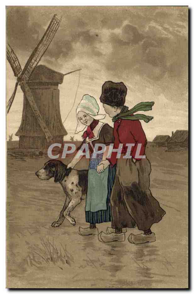 Enfants et chien devant un moulin à vent — Éditeur M.M. Vienne, n° 207
