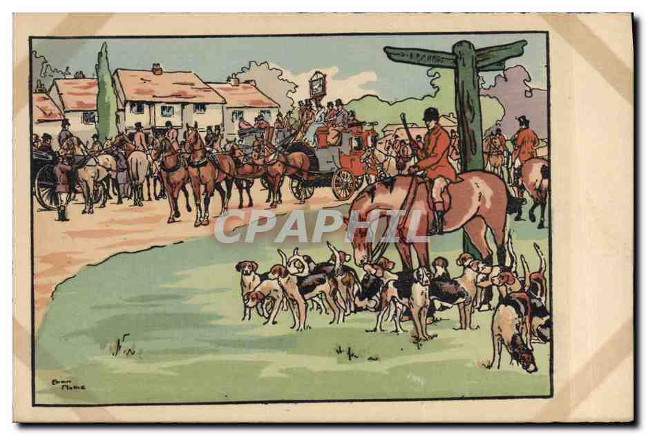 CPA Fantaisie Illustrateur Chevaux Chien Chasse 