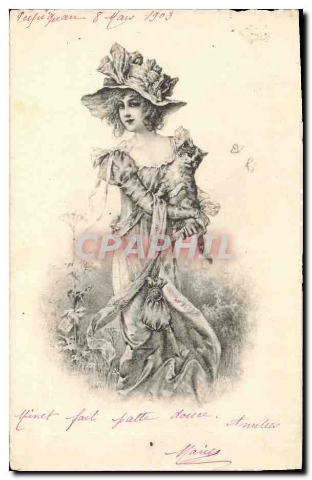 CPA Fantaisie Illustrateur Femme Chat Chaton