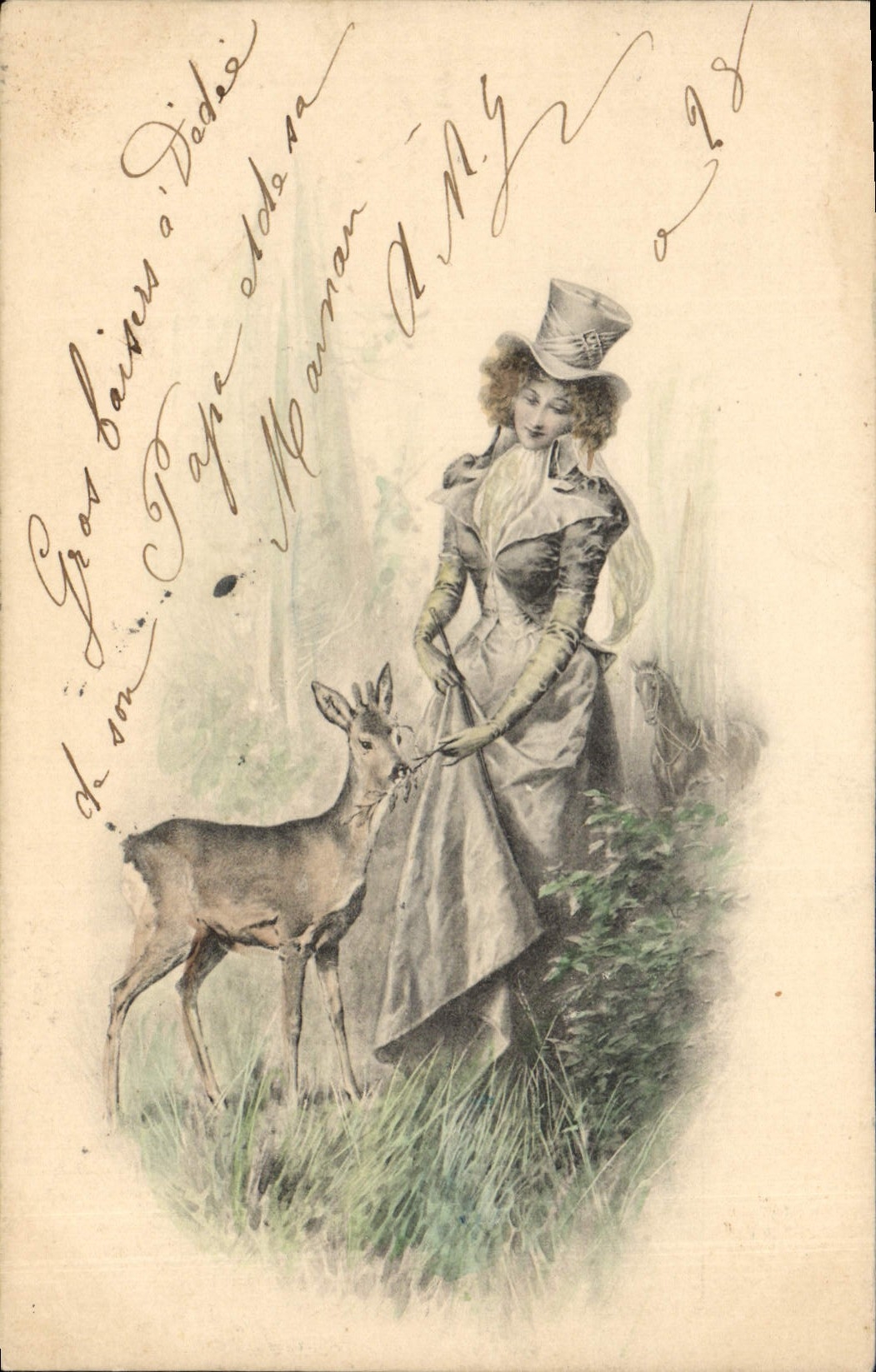 CPA Fantaisie Illustrateur Femme Biche 